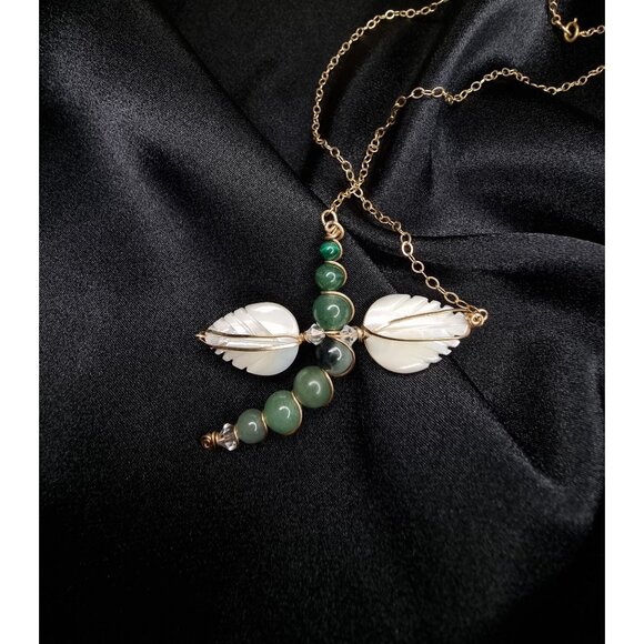Vintage 14K Gold Filled Jade & Mother Of Pearl Dragonfly Pendant Necklace 16" El - Picture 4 of 5